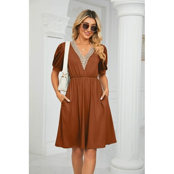 OUSIMEN Women's 2023 spring and summer solid color lace stitching V-neck short-sleeve pocket waist dress