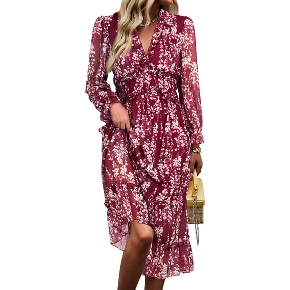 OUSIMEN Women's Casual Long Sleeve V Neck Loose Floral Dress Long Dresses Swing Dress for Women