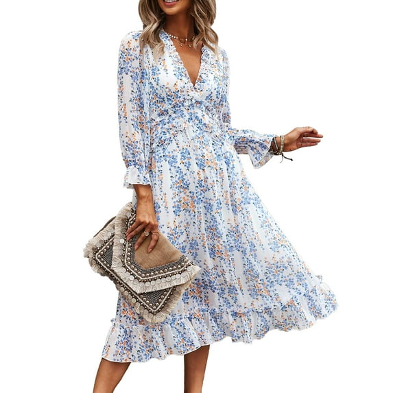 OUSIMEN Women's Casual Long Sleeve V Neck Loose Floral Dress Long Dresses Swing Dress for Women