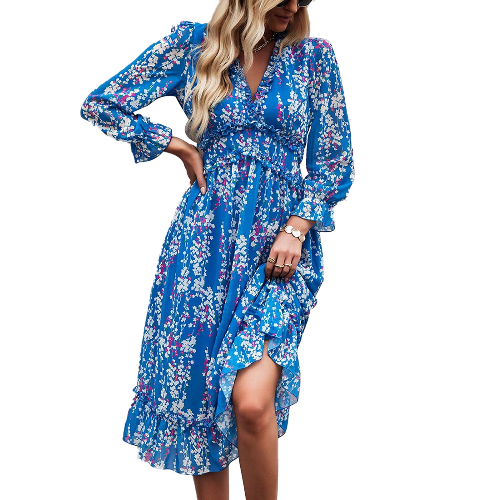 OUSIMEN Women's Casual Long Sleeve V Neck Loose Floral Dress Long ...