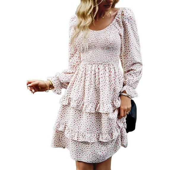 OUSIMEN Women's Dresses Casual Summer Print Ruffle A Line Short Sleeve Mini Floral Dress for Women