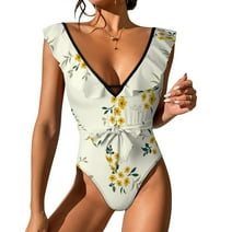 OUSIMEN Women's One-Piece Swimsuits V Neck Ruffled Swimsuit Lace Up Swimsuits for Women