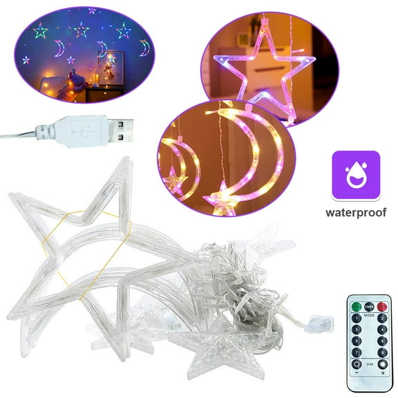 OUSITAI 120 LED Curtain String Light Star Moon Icicle Light with 8 Lighting Modes, with Timer Remote Control USB Operation Adjustable Fairy Strings, Used for Window and Wall Home Decoration