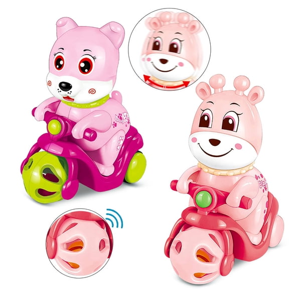 OUSITAI 2pcs children's bell ringing cartoon animal inertia mini toy car，Preschool Learning Gift for 2 3 Years Old Boys Girls (1 * playful Dog + 1 * sika deer) pink