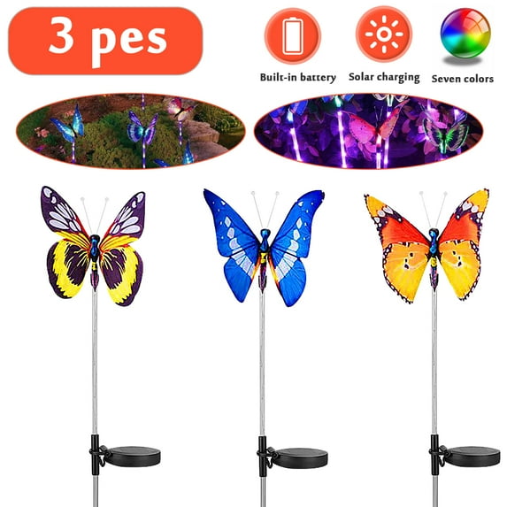 OUSITAI 3 Pack Garden Solar Lights, Solar Stake Lights Multi-Color Changing LED Butterfly, Fiber Optic Decorative Lights for Yard, Garden, Solar Powered Light with LED Light Stake Outdoor