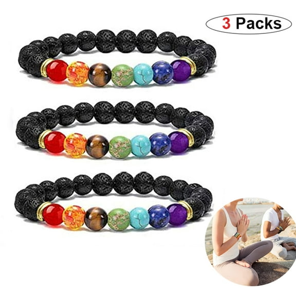 OUSITAI 8mm 3PCS Lava Stone Bracelet Colorful 7 Chakras Bead Natural Stone Bracelet Oil Diffuser Energy Yoga Unisex Bead Bracelet