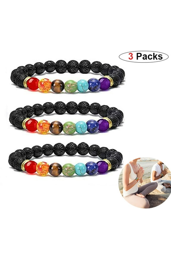 8mm 3PCS Lava Stone Bracelet Colorful 7 Chakras Bead Natural Stone Bracelet Oil Diffuser Energy Yoga Unisex Bead Bracelet