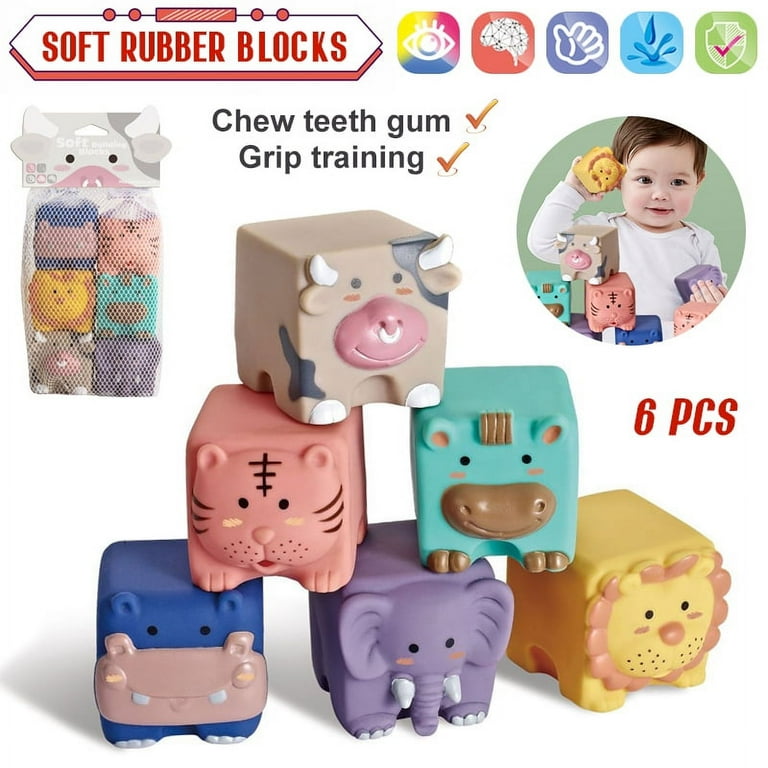 OUSITAI Baby Blocks Soft Building Blocks Toys for 6 Months Up Toddlers Silicone Bath Toys Chewable Squeeze 6 PCS Adorable Animals Shapes Set Walmart