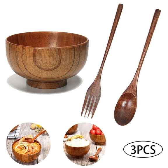 OUSITAI Handmade Wooden Bowls and Spoons Fork for Rice, Soup, Salad and Dip