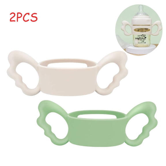 OUSITAID 2 Pieces Baby Silicone Bottle Handles Natural Baby Bottle Handle Wide-Neck Baby Feeding Handle Easy Carry Handle Lightweight Bottle Handle for Baby Small Hand Gripping Design (Green+Beige)