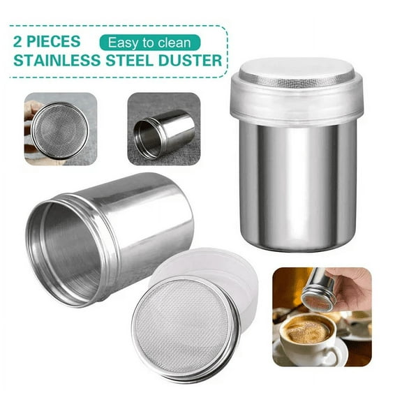 OUSITAID 2 Pieces Powder Sugar Shaker with Lid - Stainless Steel Fine Mesh Shaker Cinnamon Icing Sugar Powder Cocoa Flour Chocolate Coffee Sifter Sprinkler Dredgers for Coffee Cappuccino Latte