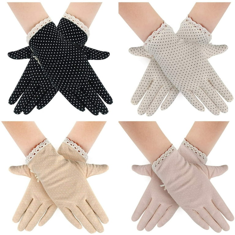 MarJunSep 4 Pairs Summer Women Dots Sun UV Protection Gloves Cotton Lace Anti-Skid Driving Gloves