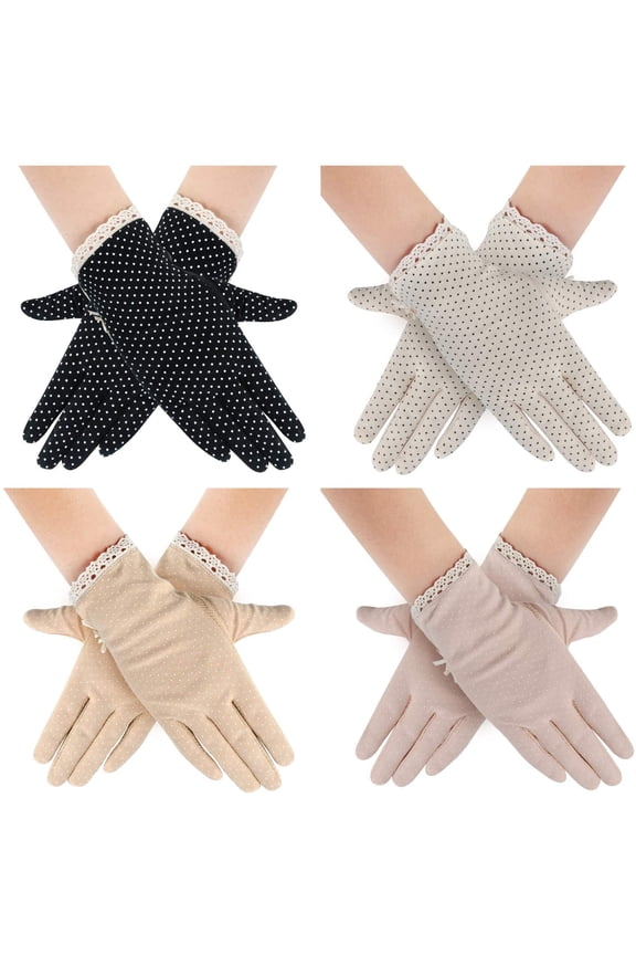 4 Pairs Summer Women Dots Sun Uv Protection Gloves Cotton Lace Anti-skid Driving Gloves Touchscreen Driving Gloves Floral Non-slip Gloves for Women Girls