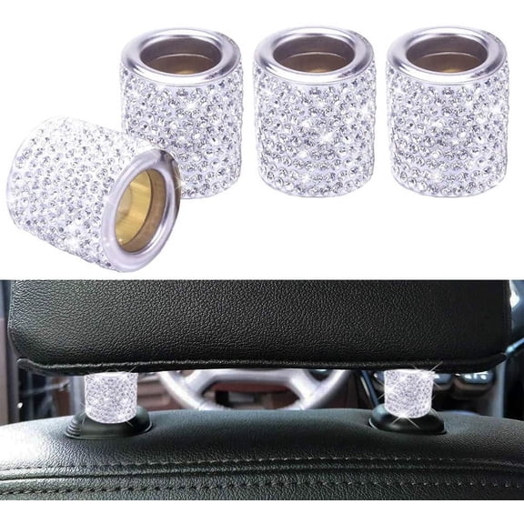 OUSITAID 4 Pieces Silver Car Headrest Collars Electric Vehicle Head Rest Collars Shinning Crystal Rhinestone Rings Decor Seat Decoration and Automobile Truck Interior Sparkling Decoration