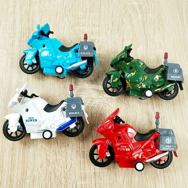 OUSITAID 4 pcs 4-Piece Friction Powered Pull Back Motorcycle Toy Set for Kids - Police  Military & Firefighter Vehicles - Durable Plastic Playset for Boys and Girls (Ages 3-6)