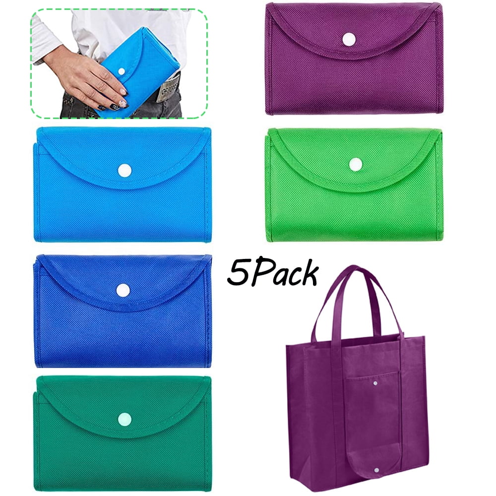 OUSITAID 5 Pack Reusable Grocery Bags, Large Foldable Shopping Bags Tote Bags,Eco-Friendly Produce Bags with Long Handle for Shopping Groceries Clothes (5 Assorted Colors )