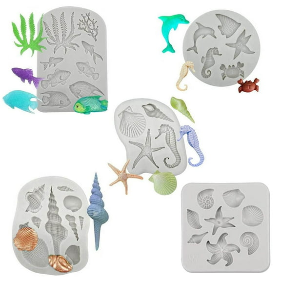 OUSITAID 5pcs Ocean Shell Coral Seahorse Modeling Silicone Mold Fondant Cake Polymer Clay Plaster Modeling Set