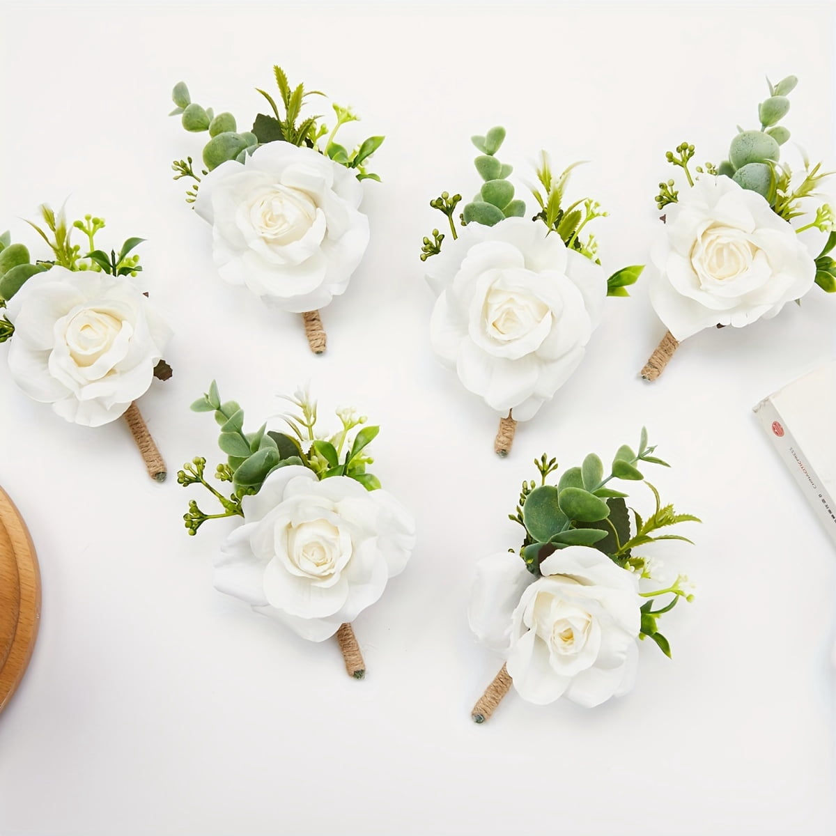 12 Pc Wedding Corsage & Boutonniere Set - White Silk Artificial Flowers For Bride, Bridesmaids, Groomsmen