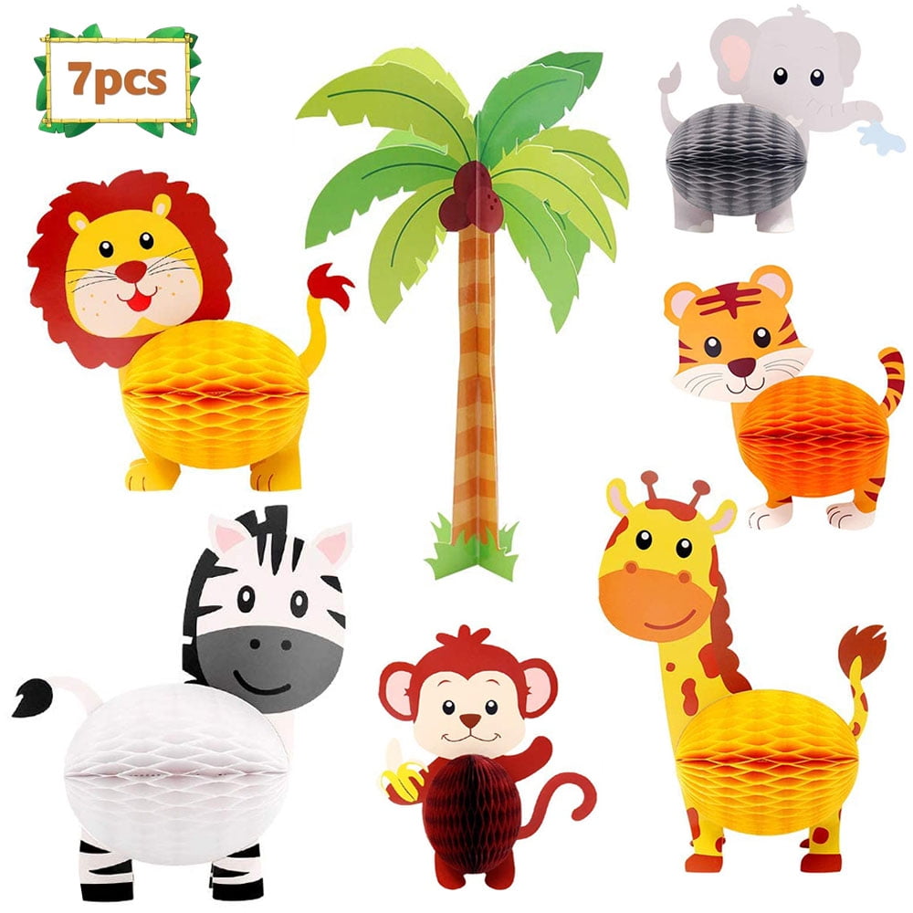 OUSITAID 7Pcs Jungle Safari Animals Honeycomb Centerpieces 3D Table Decorations for Jungle Safari Birthday Baby Shower Party Decorations Supplies