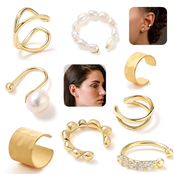 OUSITAID 8 Pcs Sparkling Ear Cuff pack Gold Dainty Helix Earrings Huggie Stud Cuff Earrings for women Earring Set | Clip On Cartilage non pierced-Jewelry Gifts