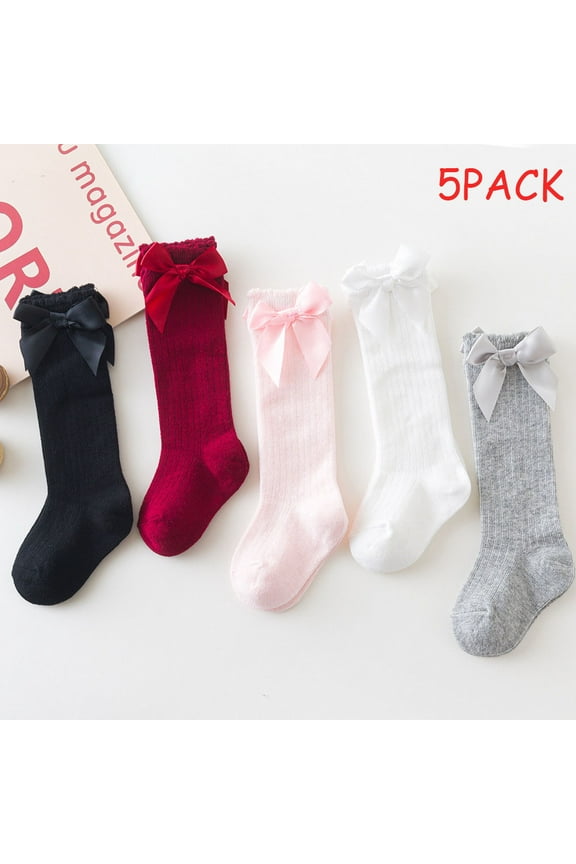 Baby Girls Knee High Socks 5 Pack Bow Long Stockings Infants Toddlers Ruffled Socks School Uniform Leggings
