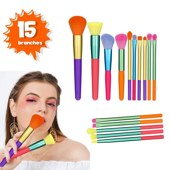 OUSITAID Makeup Brushes 15 Pcs Colourful Makeup Brush Set Premium Synthetic Kabuki Foundation Blending Face Powder Blush Concealers Eyeshadow Rainbow Make Up Brush Set (colour)