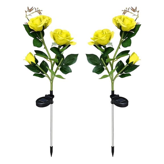 OUSITAID Solar Decorative Stake Rose Flower Lights for Yard Outdoor Porch Garden Memorial Cemetery Backyard Decor Flower Bed Decoration (2 Pack,Yellow)