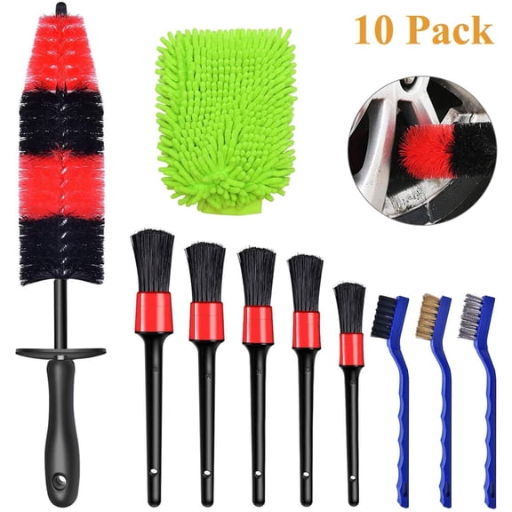 OUSITAID Wheel Brush Kit - 10 PCS Car Detailing Brush Set - Large Size Microfiber Wash Mitt and Wire Brush for Tire/Rim/Motorcycle/Engine/Exhaust Tip Cleaning, No Rim Scratch