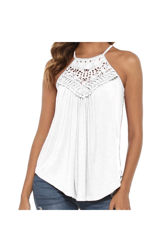 Women's Casual Summer Cute Lace Halter Neck Flowy Pleated Workout Sleeveless Tank Tops T-shirts Blouses