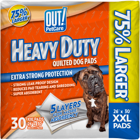 OUT! Heavy Duty XXL Dog Pads, Absorbent Pet Training and Puppy Pads, 26 x 30 Inches, 30 Pads