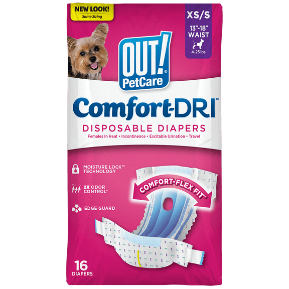 OUT! Pet Care Disposable Female Dog Diapers | Absorbent with Leak Proof Fit | XS/Small, 16 Count