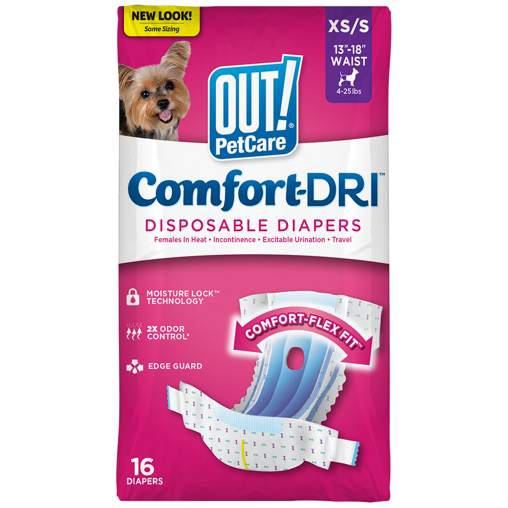 OUT! Petcare Disposable Female Dog Diapers, Absorbent Leak Proof Fit, XS/Small, 16 Count - image 1 of 9