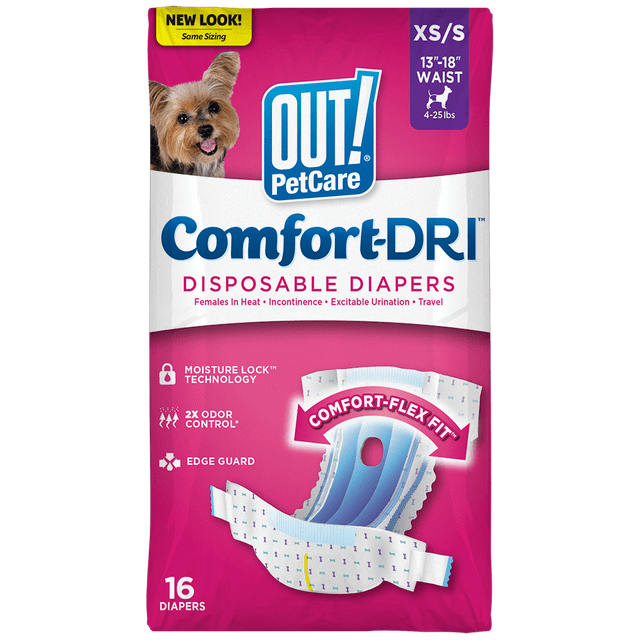 OUT! Petcare Disposable Female Dog Diapers, Absorbent Leak Proof Fit, XS/Small, 16 Count