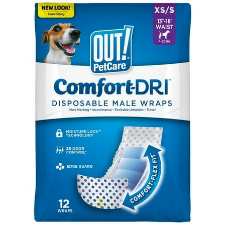 OUT! Petcare Disposable Male Dog Diapers, Absorbent Leak Proof Fit, XS/Small, 12 Count