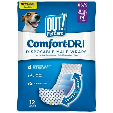 OUT! Petcare Disposable Male Dog Diapers, Absorbent Leak Proof Fit, XS/Small, 12 Count