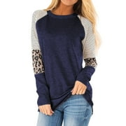 OUTAD Women Crew Neck Long Sleeve Stripes Leopard Print Top