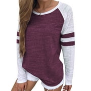 Women Stripe Splice Long Sleeve Crew Neck Shirt