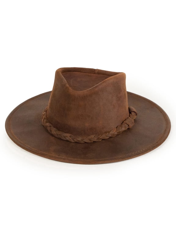 Outback Hat - Flat Brimmed Cowboy Hat for Men and Women Made with Distressed Ruff Leather, Hidden Steel Wire in Brim, and Subtle Leather-Braided Accent, Large-Brown