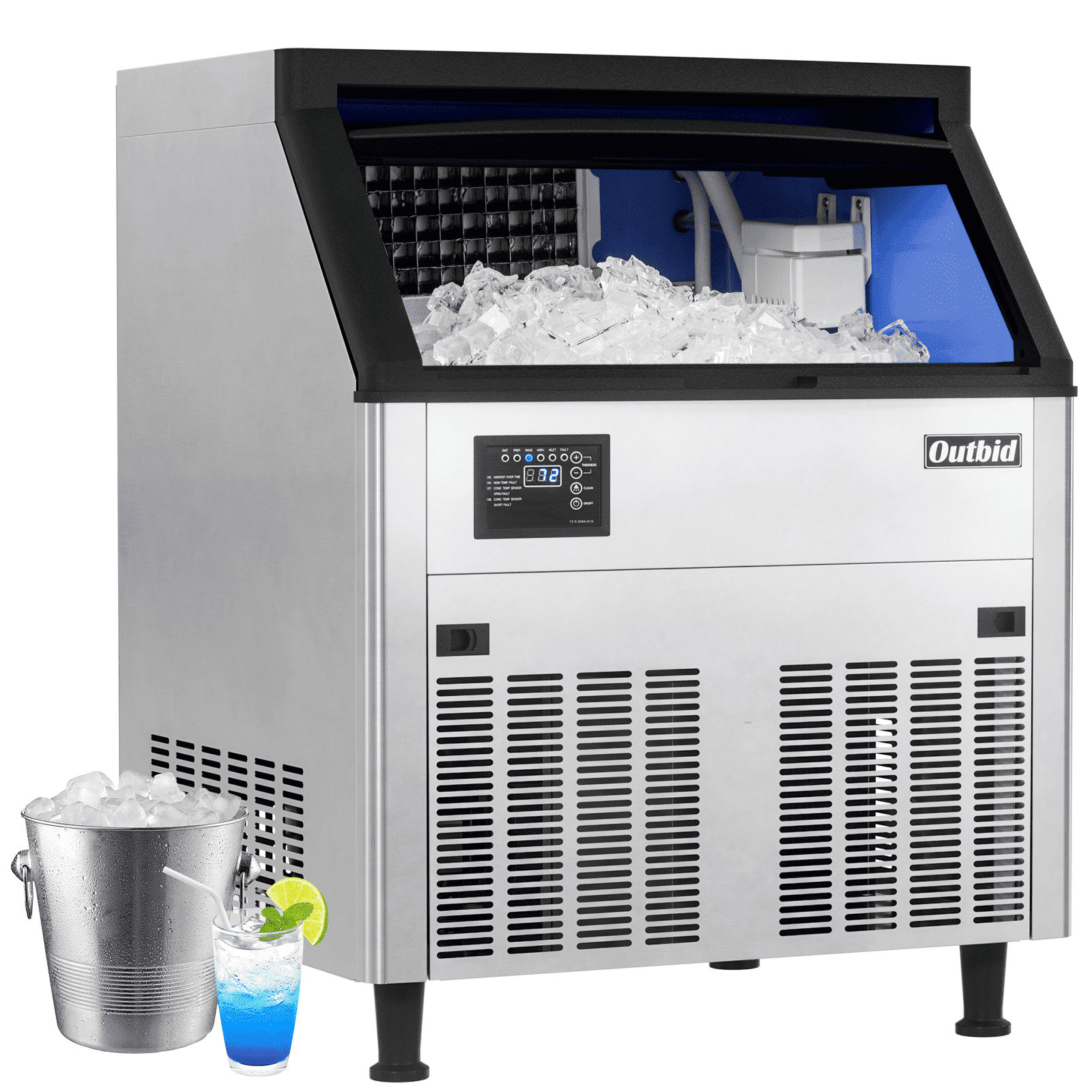 OUTBID 26"450LBS/24H Commercial Ice Maker 90lbs Bin Freestanding Stainless Undercounter Ice Machine UIM518