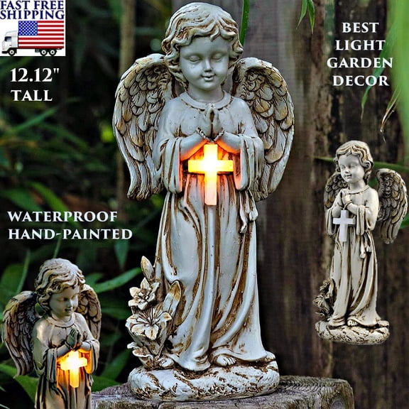 OUTDOOR ANGEL STATUE SOLAR LIGHTED GARDEN DECOR CROSS FIGURINE PORCH SCULPTURE