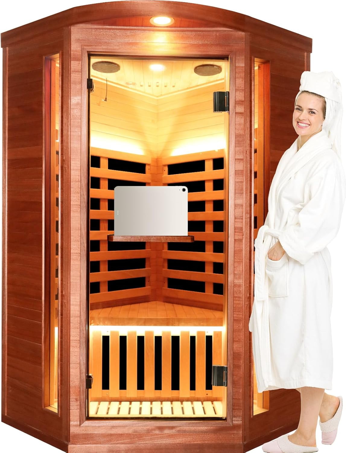 OUTEXER Corner Sauna for One Person Far Infrared Sauna, 1300W Indoor Wood Saunas,Okoume