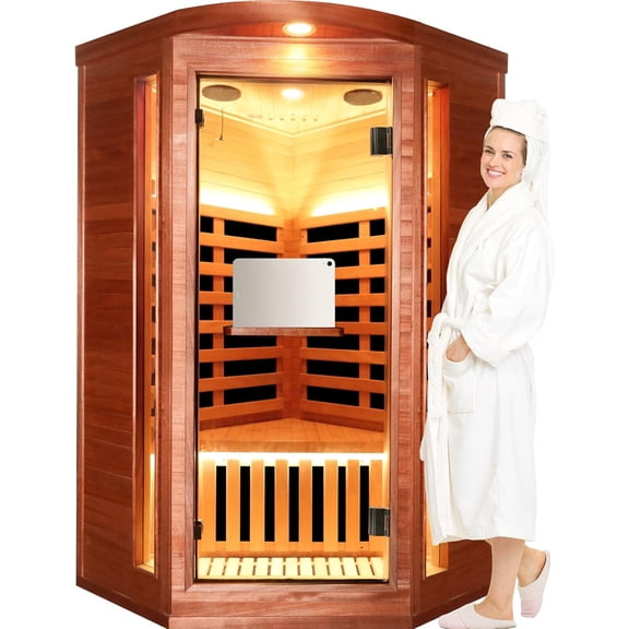 OUTEXER Far Infrared Corner Sauna for 1 Person,1300W Indoor Wood Sauna Room with Bluetooth for Home Relax，Okoume