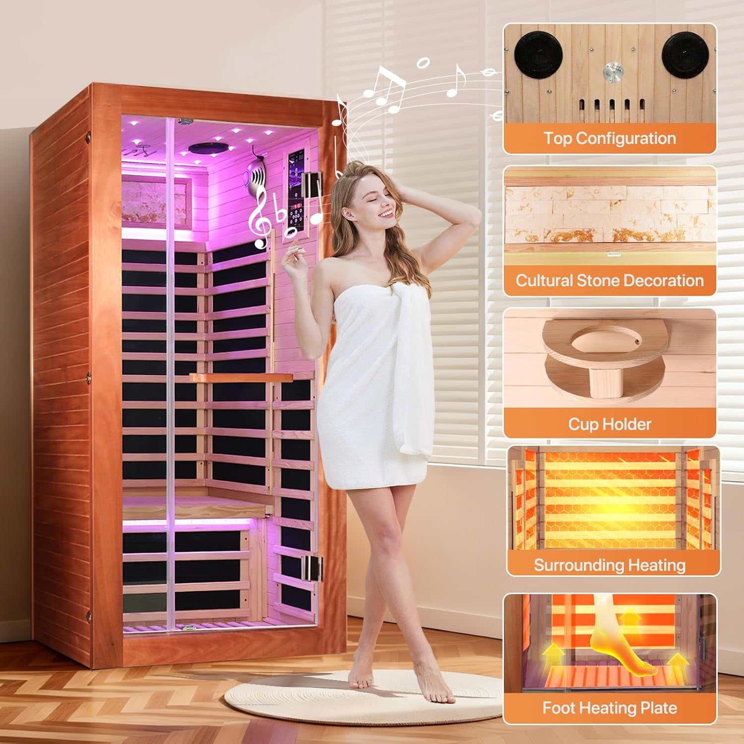 OUTEXER Far Infrared Saunas Room 1 person, 1350W Dry Indoor Saunas ,Okoume,with 7 Starry Sky Light 33.5 * 33.5 * 70.9 inch