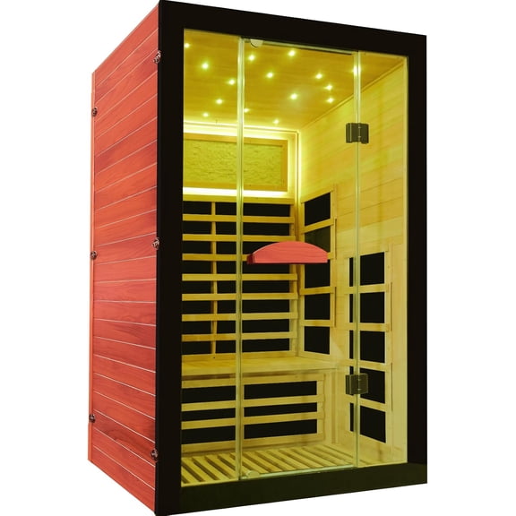 OUTEXER Far Infrared Sauna for Home, 2 Person Low EMF Dry Sauna with 2000W Heater & Tempered Glass Door, Okoume Wood Indoor Sauna with 7 Color Starry Sky Light