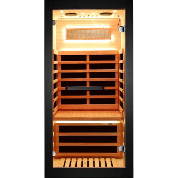 OUTEXER  Infrared Saunas Room for 1 Person,Chilean Pine Wood 1050W Dry Saunas Spa with 7 Color Starry Sky Light Oxygen Bar Cup Holder 30.7x30.7x62.2inch