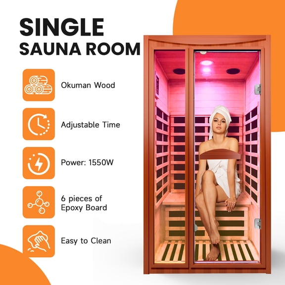 OUTEXER 1-2 Person 1200W Far Infrared Sauna, Low EMF Indoor Sauna Room with Chromotherapy Lights and Bluetooth Speakers for Home Gym