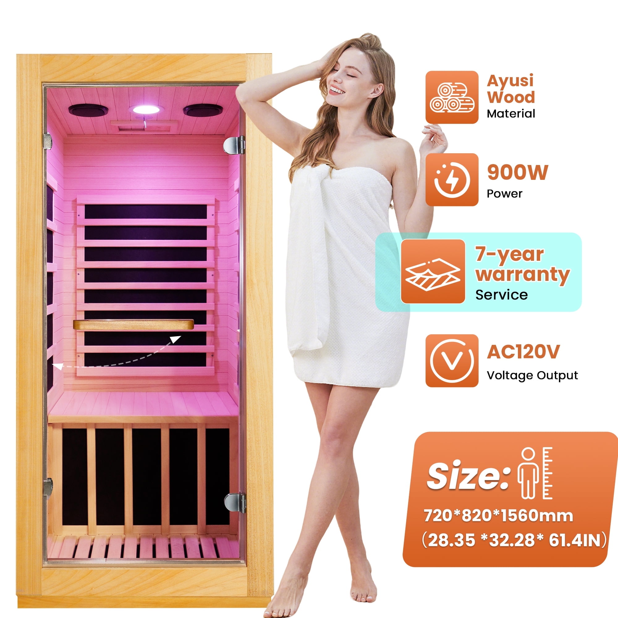 OUTEXER Far Infrared Sauna for 1 Person, 900W Indoor Home Sauna with Bluetooth Speaker & Color Lights, Ayus Wood Dry Sauna Room for House, Gym