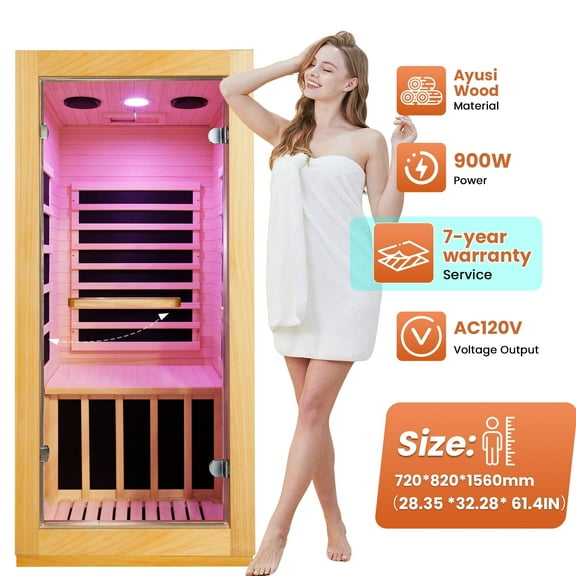 OUTEXER Far Infrared Sauna for 1 Person, 900W Indoor Home Sauna with Bluetooth Speaker & Color Lights, Ayus Wood Dry Sauna Room for House, Gym