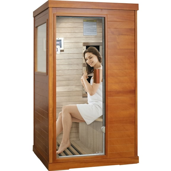 OUTEXER Saunas Home Sauna Indoor African Okoume Sauna 1 Person, Low EMF Far Infrared Sauna for Home, Indoor Dry Sauna Temp 68℉-140℉, 5 Low EMF Boards, Bluetooth Speaker