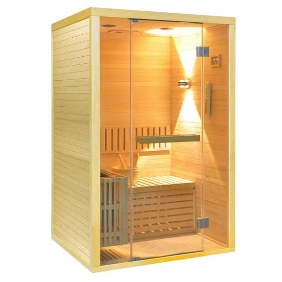 OUTEXER Traditional Steam Sauna 2 Person Indoor Sauna with 3000W Stove Heater, Canadian hemlock Wood Sauna Room with Sauna Stone, Water Bucket and Ladle,  Two Person Traditional Sauna for Home Gym